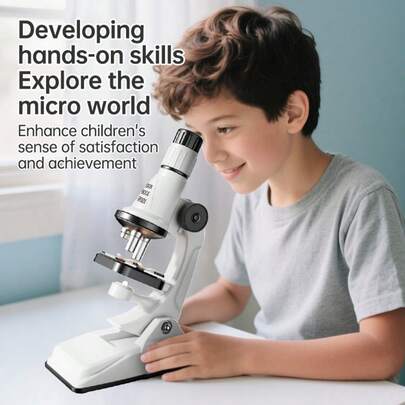 SCIENCE HORSE 200X-1200X Magnification Kids Microscope Set - LED Lights, Portable Case - Science Experiment Toy Suitable For 6-12 Years Old Children / Plastic Material, Suitable For Home Play, Travel, Birthday Party, Holiday Gift, Classroom Education And Parent-Child Interaction