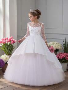 Vestido elegante de niña preadolescente con cuello redondo, bordado floral, strass y malla de satén para dama de honor en boda, fiesta de cumpleaños, sin diadema - Blanco - Ver 5