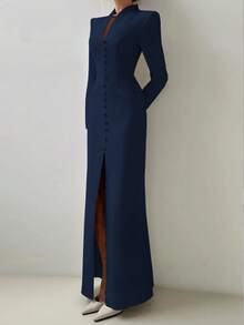 女士时尚V领长袖及踝长款连衣裙，优雅经典侧开衩，纯色，优雅休闲，梭织面料，春季款 - 藏蓝色 - 查看 4