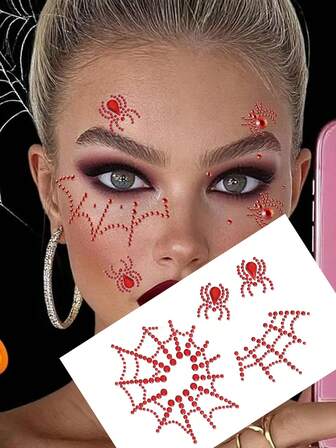 Red Spider Web Makeup Adhesive Rhinestone Decorative Stickers, Vintage Style Artistic Makeup, Glitter Body Paint, Accessories, Face Jewels, Eye Decor