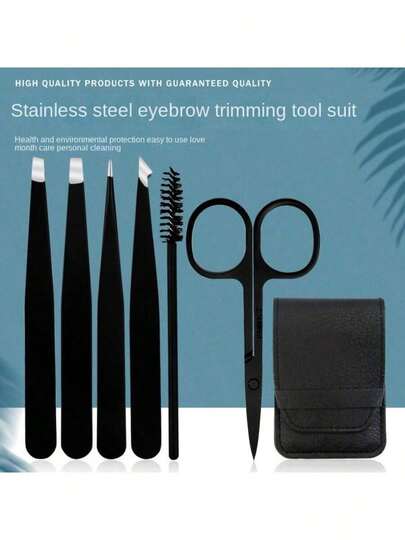6 PIEZAS Juego de herramientas profesionales para el cuidado de las cejas en color negro mate de acero inoxidable, incluye pinzas multifunción, tijeras afiladas para cejas, removedor de vello facial, kit de viaje portátil, herramientas de belleza esenciales, regalo ideal para Año Nuevo y Día de San Valentín.