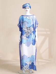 1pc Lightweight Faux Silk Printed Robe With Scarf Set, Women Coverup For Beach, Sun Protection, Daily Wear - Multicolor - View 11