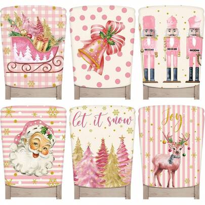 6PCS Christmas Chair Back Cover Christmas Holiday Chair Set Restaurant Kitchen Hotel Wedding Party Decoration (Pink Reindeer)