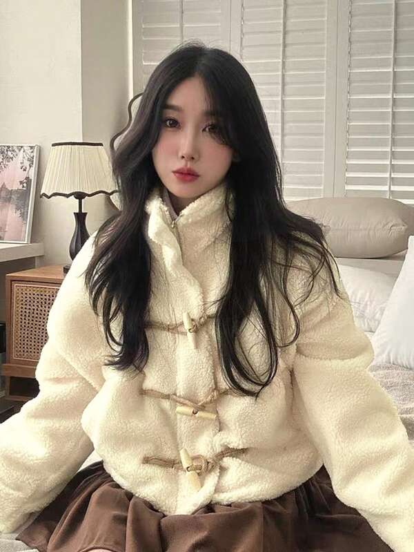 재고 있음 여성용 인조 퍼 후드 램 울 재킷, 패셔너블한 루즈한 따뜻한 코튼 코트, 리쥬버네이팅, 가을/겨울