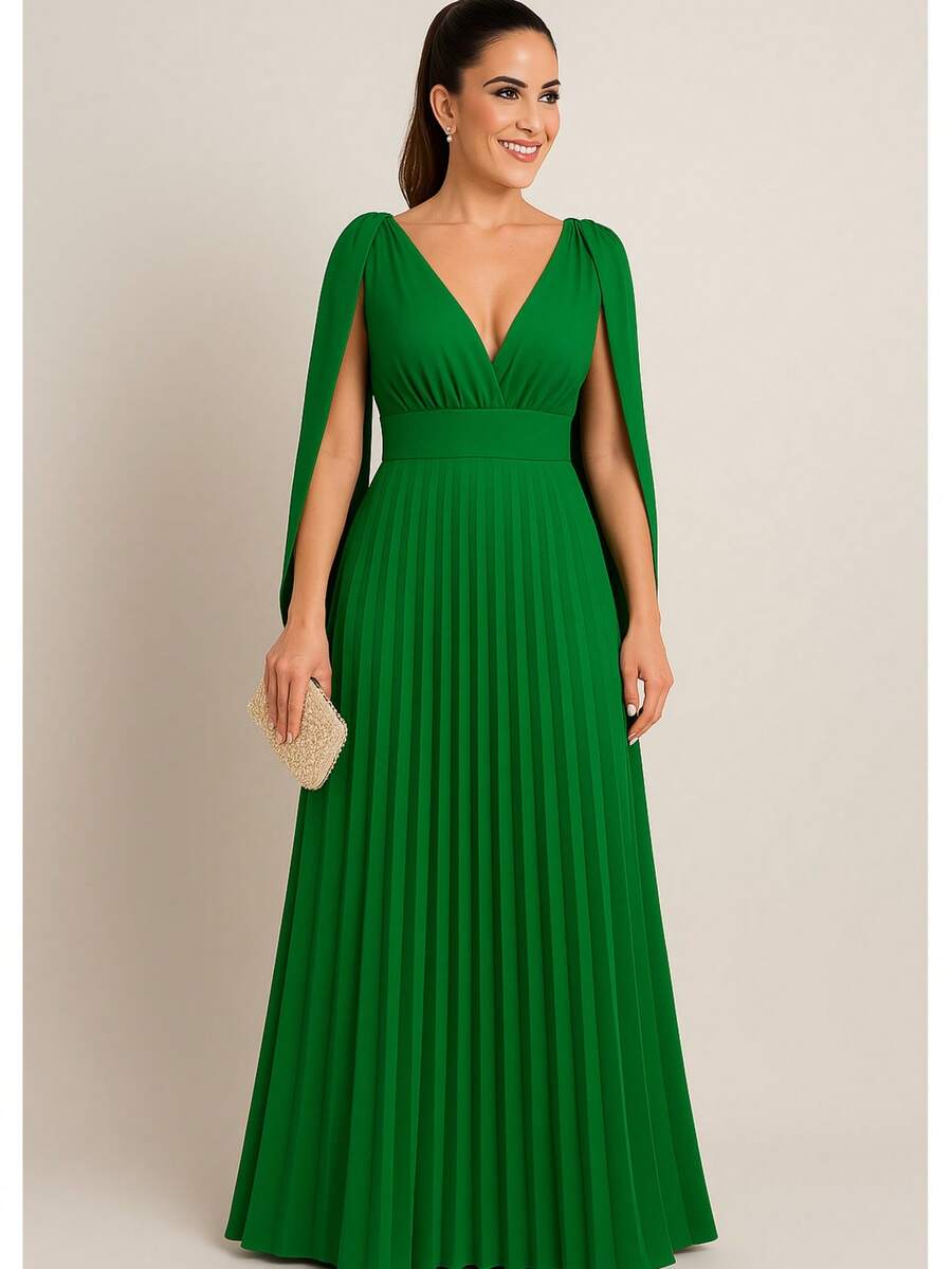 Long Pleated Dress V-Neckline Bridesmaid Dress For Wedding Graduation And Parties - 墨綠色 - 查看 1
