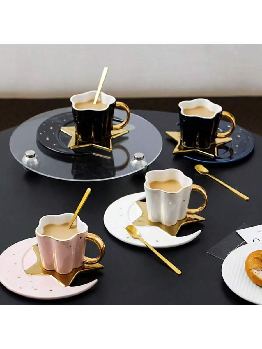 مجموعة أكواب قهوة سيراميك بتصميم نجوم وقمر - مقبض...