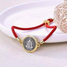 1pc 18K Gold Plated Zinc Alloy St. Benedict Medal Bracelet, Adjustable Red Cord, Christian Catholic Religious Accessory, Suitable For Women's Daily Wear, Ladies' Fashion Casual Woven Bracelet - Red - View 1