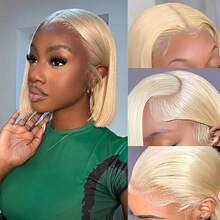 Straight Short Bob 613 Honey Blonde HD Lace Frontal Wig 13x4 Straight Transparent Lace Frontal Wig Bob 613 Colored Human Hair Wigs - S613 - 查看 2