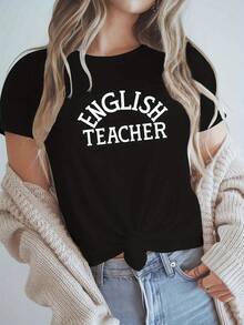 Camiseta Casual de Cuello Redondo para Mujeres, Impresión "Profesora de Inglés", Tejido de Poliéster y Spandex, Manga Corta, Ajuste Regular, Top de Primavera/Verano - Negro - Ver 3