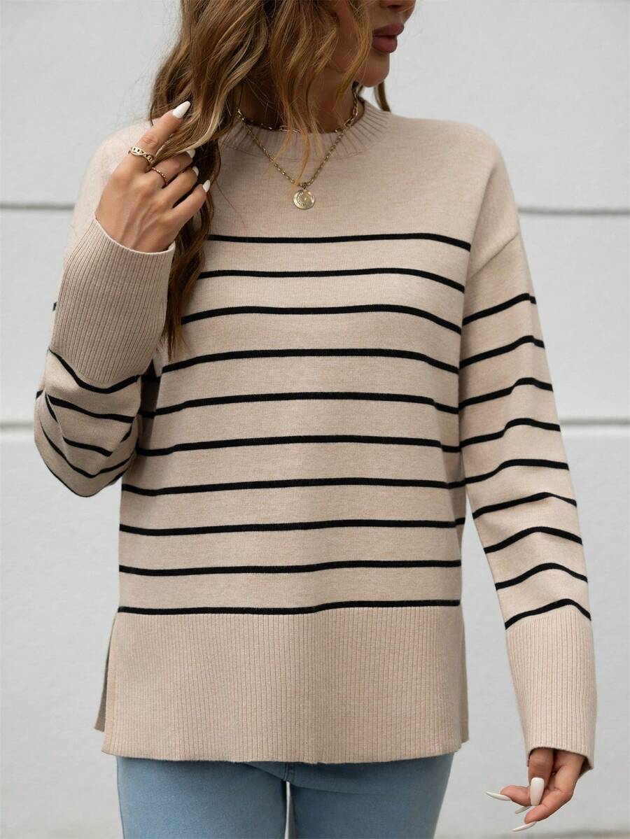 Striped Design Crew Neck Sweater - Khaki - View 1