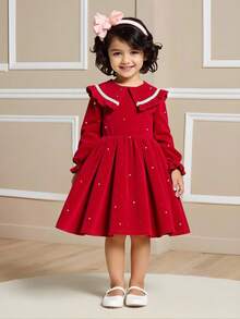 Mädchen Herbst/Winter Konfetti Muster Rüschen Kragen & Rüschen Ärmel Kleid, rote Farbe passend für Feiertage und zum Tragen mit Schwestern. Geeignet für Weihnachten, sehr passend für Lässig und täglichen Tragen im Herbst/Winter sowie Schulkleidung - Bordeaux - Übersicht 2