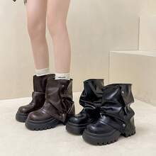 Bottines style britannique avec rivets, bottes à poils pour femmes, automne et hiver, semelle épaisse, talon épais amincissant, bottes à talon haut - Noir - Voir 2