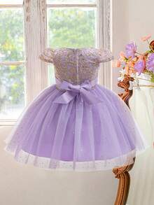 Young Girls Embroidered Mesh Princess Dress With Cap Sleeves, Suitable For School Graduation Ceremony, Flower Girl, Wedding, Does Not Include Headband - Mauve Purple - View 3