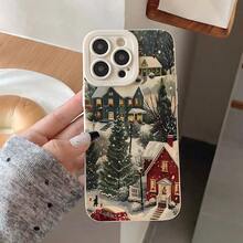 Feliz Navidad, felices fiestas, casa de nieve de invierno, deseos más cálidos, funda de teléfono a prueba de golpes, funda protectora de móvil de TPU moderna y duradera, compatible con iPhone 11/12/13/14/15/16 Pro Plus Pro Max Carcasa personalizada con estampado Funda con impresión HD - Blanco antiguo - Ver 3