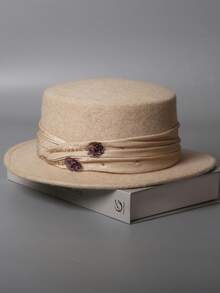 1 peça chapéu de feltro de lã com estampa floral francesa, cetim com strass, acabamento na cintura, chapéu de feltro de lã 100% feito à mão, aba larga, moderno e versátil, lançamento de 2025