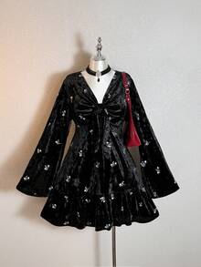 Rusttydustty Damen Große Größen Boho Tee-Party Alltags Nationalität Urlaubs Schwarzes Samt Mini-Kleid mit Blumenstickerei, Bindedetail, A-Linie Langarm Kleid für Cyber Monday, Weihnachten, Thanksgiving, Silvester Partys