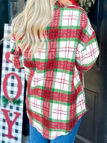 Acelitt Chaqueta casual de mujer con cuello de camisa, estampado a cuadros rojos de Navidad, parches y bolsillos, para invierno