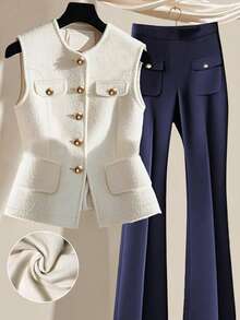 Elegant Two Pieces Women's Suit, Autumn Women's Woolen Front Button Vest And Long Pants Two Pieces Suit, For Everyday Leisure, Travel, Vacation, Business Commuting