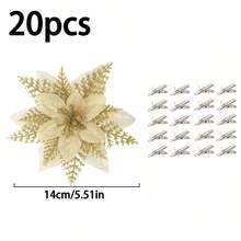 20 piezas/10 piezas/1 pieza Decoraciones de árbol de Navidad, flores artificiales, decoraciones de árbol de Navidad con flores de Pascua artificial lindas y con brillo, flores de Navidad, flores de Pascua, flores de Navidad artificiales con brillo, flores artificiales, coronas DIY, decoración del hogar, decoración de boda y fiesta, decoraciones para fiestas navideñas y de temporada, decoraciones de árbol de Navidad, decoración de arbustos de invierno con brillo (dorado)