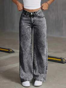 Women's Wide Leg Jeans, High Waist, Graphite - Than chì - Xem 1