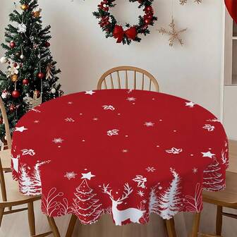 1/36 st. röd och vit julgran, älgmönster bordsdekorationsduk - 100 % polyester rektangulär rund bordsduk med präglad kant, lämplig för högtidsfester, familjesammankomster, festlig atmosfärdekoration