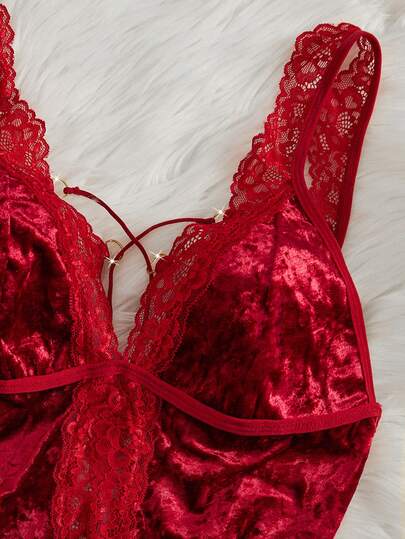 Kanten Verleidelijke Lingerie Heroe Splicing Fluwelen Nightgown, Deep Backless Slit Night Dresses,Ladies' Fall Com Tafel Sleep Dress, view 3