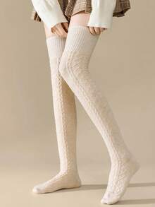 1 Pair Of Women's Knee-High Socks, Knitted Striped Warm Socks