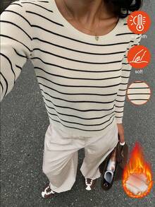 Suéter de punto acanalado de manga larga a rayas clásico para mujer, de longitud regular, tacto suave, forro térmico, cálido, de una sola pieza con tejido de punto a contraste acanalado, adecuado para uso diario, casual, viajes, aeropuerto, oficina, otoño/invierno