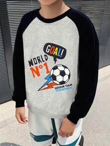 青少年男孩足球图案运动风格黑灰色撞色肩长袖卡通印花T恤秋冬新款男童 - 灰色 - 查看 7