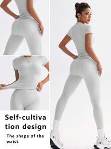FWH 1. Cute Solid Color Crop Top, Stretchy Fitted Round Neck Sweet Fashionable Versatile Jacket, Elegant High Waist Slim Casual Tummy Control Daily Basic Dancewear Leg Lengthening Butt Lifting Street Running Yoga 2-Piece Set, Spring/Summer - Xám - Xem 2
