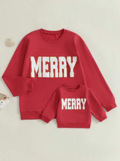 Mommy And Me Christmas Sweatshirt Cute Merry Embroidery Long Sleeve Crewneck Pullover Top Mother Baby Matching Clothes