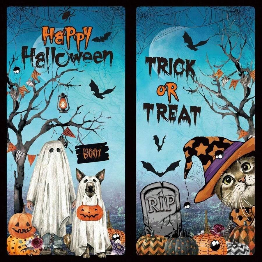 Decoracin de Ventana de Halloween, Pegatinas para Decoracin de Ventana, Calcomanas Etiqueta Engomada Esttica de Cristal para de Halloween, Fantasma Gato Calabaza Spider Murcilago - Negro Morado naranja y Blanco - Ver 1