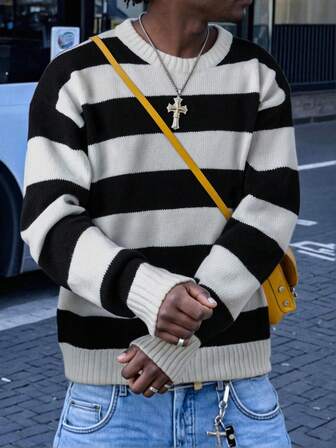 Loose Fit Casual Street Style Unisex Knitted Sweater, Warm For Spring, Autumn & Winter, European & Asian Design, Long Sleeve, Dropped Shoulder, Minimalist Striped Crew Neck