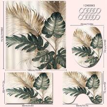 1/4 Stücke Gold & Grün Tropisches Blatt Thema Badezimmer Set, beinhaltet Duschvorhang, Badematte, U-förmige Toilettenmatte, Toilettendeckel-Abdeckung, wasserdichter Duschvorhang, modischer Vorhang für Badezimmerdekoration, moderner Stil Badezimmer Raumteiler Vorhang, ohne Bohren erforderlich, aus Polyester, maschinenwaschbar