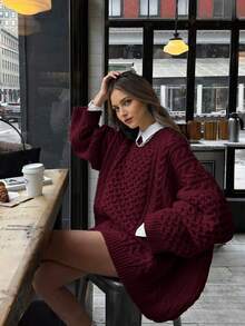 秋冬新款宽松街头休闲优雅扭结针织长袖圆领杏色毛衣，适合女士生日、情人节、邮轮度假、休闲女装、优雅女上衣、街头风女装、派对装、Y2K女装、演唱会装等场合。 - 酒紅色 - 查看 3