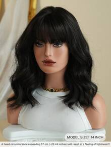 AKAKO Short Wave Black Wigs For Women Synthetic Bob Wavy Curly Wig With Bangs, Premium Soft Heat-Resistant Hairpiece For Daily Wear, Festivals & Music Festivals & Halloween Cosplay Use 14 Inch