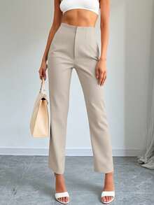 1Pcs Casual Trousers With Draping Effect, Slim - Fitting, For Commuting And Professional Use, Simple And Capable Style, Straight - Leg Cut, Suitable For Office Daily And Business Office Scenarios, Women's Trousers For Spring And Autumn - 杏色 - 查看 4