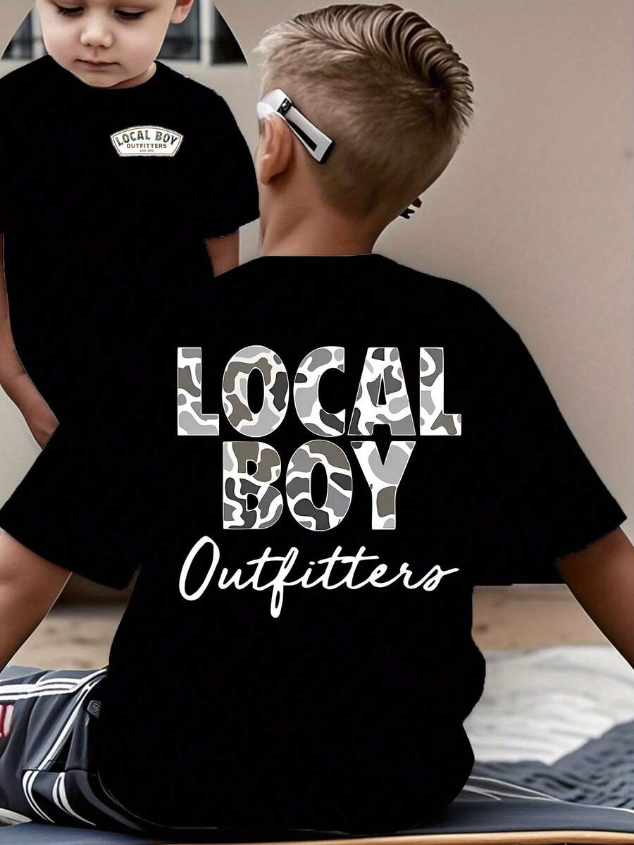 Men's Children's Black T-Shirt With Camouflage Dog Small Print On The Front Chest, And Local Boy Letter Camouflage Dog Moon Pattern Print On The Back. A Casual Boys' Short-Sleeved Shirt Suitable For Daily School Wear, Boys' T-Shirt. - 黑色1 - 查看 1