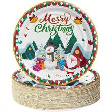 16pcs 9-Inch Christmas Theme Party Paper Plates, Cups, Napkins, Tableware. Christmas Party Decorations For Indoor And Outdoor, Christmas Holiday Party Decor, Paper Material