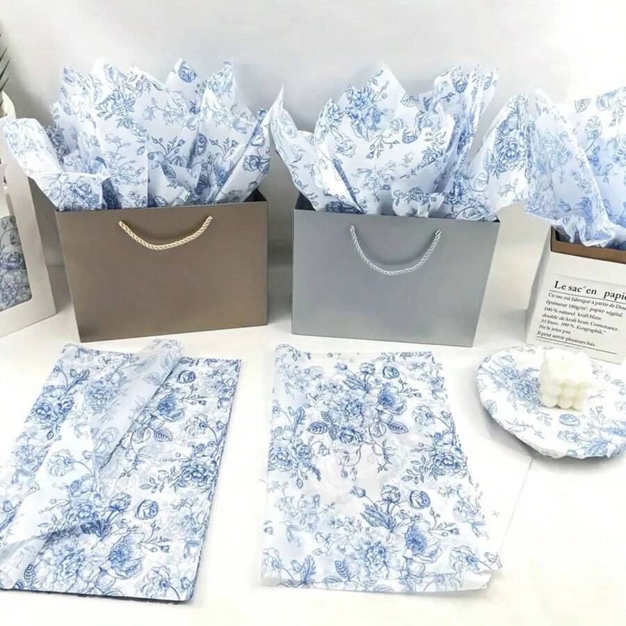 50 Sheets Blue Floral Tissue Gift Wrapping Paper - 14x20 Inch Chinoiserie Vintage Blue & White Peony Rose Design, High-Quality Durable Paper For Birthdays, Weddings, Parties, DIY Crafts, Bouquet Wrapping Paper, Special Occasion Decor, Elegant Packaging, Quality Craft Material
