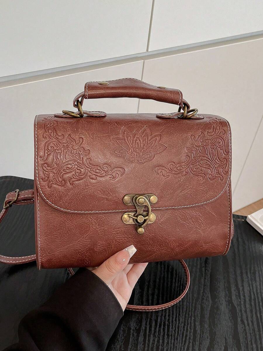 1pc PU Leather Embossed Pattern Fashion Metal Lock Design Chic Handbag & Shoulder Bag - Brown - View 1