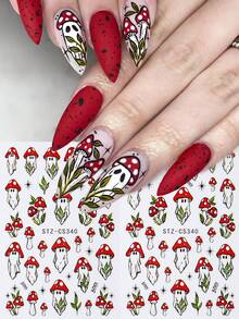 Halloween Nail Stickers Cute Ghost Pumpkin Self Adhesive Nail Decals Spooky Mushroom Ghost Flower Nail Art Design Black Cats Spider Bats French Manicure Supplies For Women DIY Nail Charms Decorations