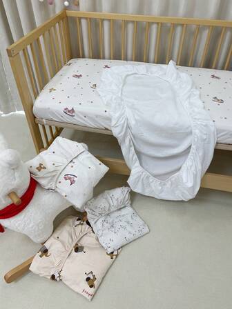 1pc 120*60cm Baby Crib Muslin Fitted Sheet, Soft & Comfortable Cute Pattern Crib Mattress Cover, Newborn Patchwork Fitted Sheet, Machine Washable, All Season