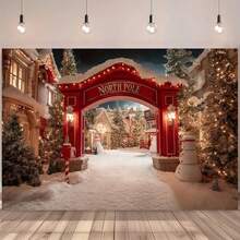1 Red Christmas Arctic Snow Village Background Cloth, Winter Wonderland Scene With Santa's House, Snowscape And Twinkling Lights, Perfect For Indoor/Outdoor Holiday Parties, Photo Backdrops, Christmas Events, Winter Christmas Themed Background, Christmas Background Cloth, Snowman Themed Background, Merry Christmas Photo Background - Multicolor - View 3