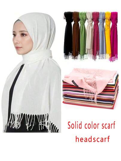 1pc Women's Thin Solid Color Tassel Arabic Headscarf, Ladies' Fashion Versatile Shawl Scarf, Warm Long Scarf For Autumn/Winter, Suitable For Daily Wear, Outdoor, Commuting