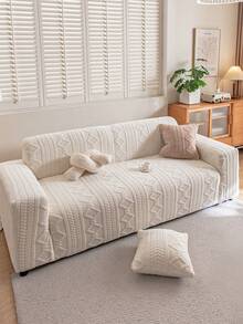 1pc Solid Color Plush Warm Sofa Cover, Soft & Skin-Friendly, Jacquard Design, Pet-Friendly Machine Washable Durable, Christmas New Year Holiday Party Home Decor, Sofa Protection, Fits 1/2/3/4 Seater Sofa - Beige - View 6
