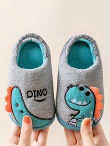 Ein Paar neue Cartoon Dinosaurier Kinderschuhe für Herbst und Winter, warme und dicke weiche Sohle Baby Fellpantoffeln für Innenräume - Grau - Übersicht 2