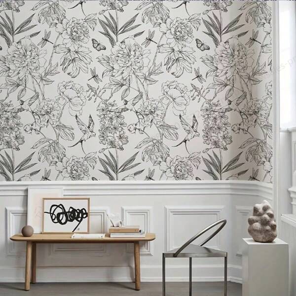 1 rolo de papel de parede vinílico floral e andorinha branco de 45 cm x 300 cm - autoadesivo, removível, com estampa floral - para decoração de casa - presente perfeito para proprietários e entusiastas de bricolage
