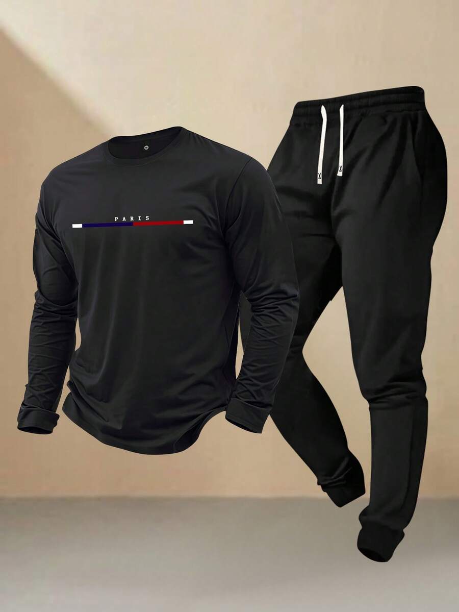 Set 2 piese pentru bărbați, tricou cu mânecă lungă și pantaloni cu șnur în talie, ținută casual pentru primăvară/toamnă, potrivit ca și cadou pentru soț sau iubit, excelent pentru timpul liber în aer liber - Multicolor - Vizualizare 1