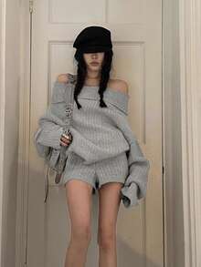 2pcs/Set Off-Shoulder Loose Knit Sweater & High Waist Straight Leg Shorts, Korean Style, Autumn/Winter - Grey - View 4